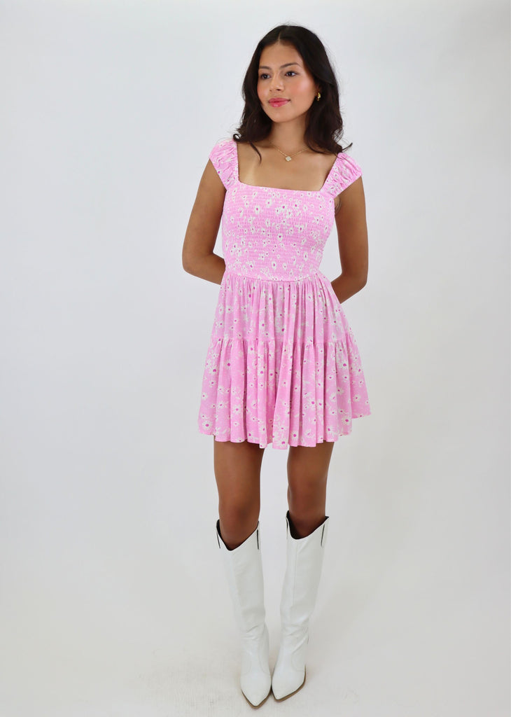 pink floral daisy print smocked tiered mini dress