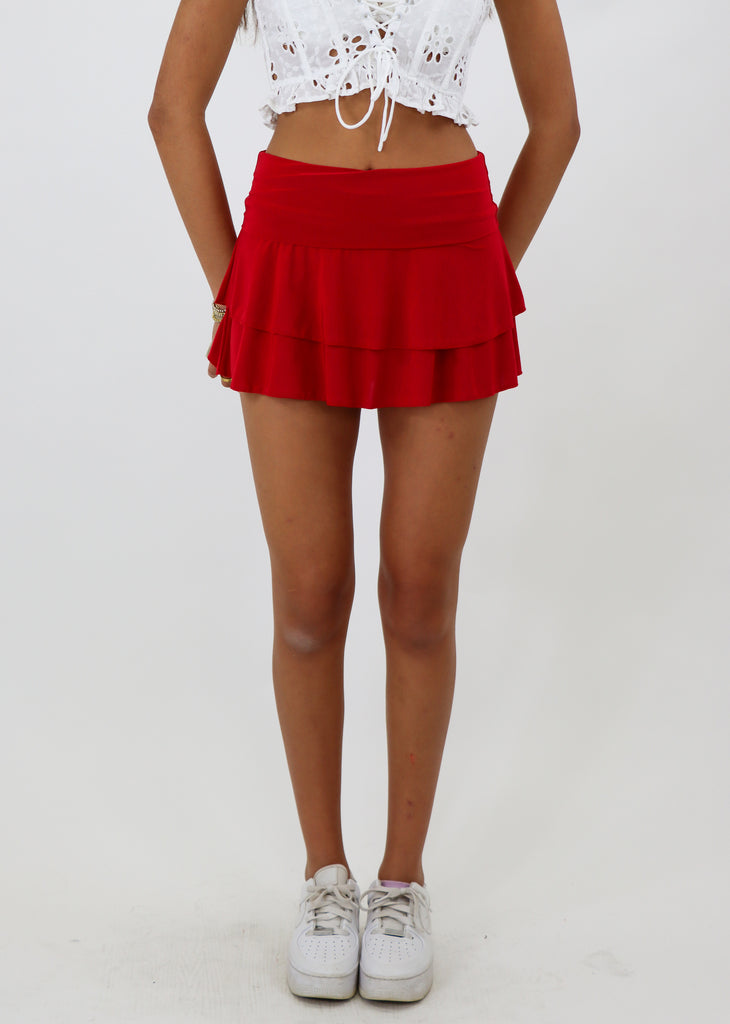 red micro mini foldover low rise ruffle skirt