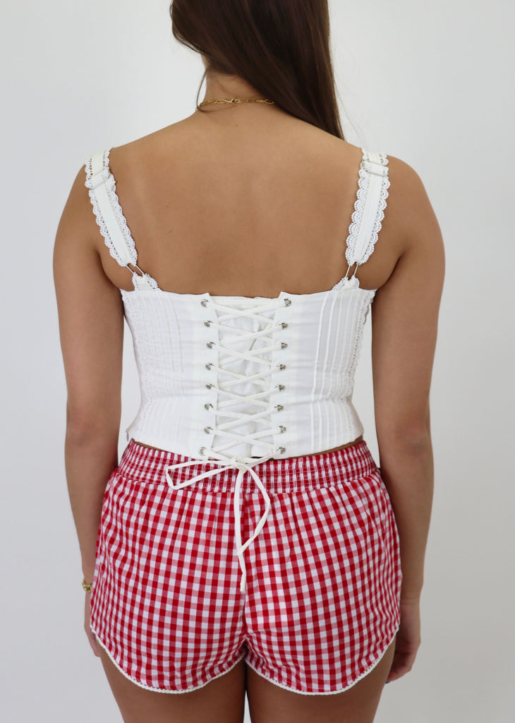 white corset bustier top bow lace trim lace up back summer 