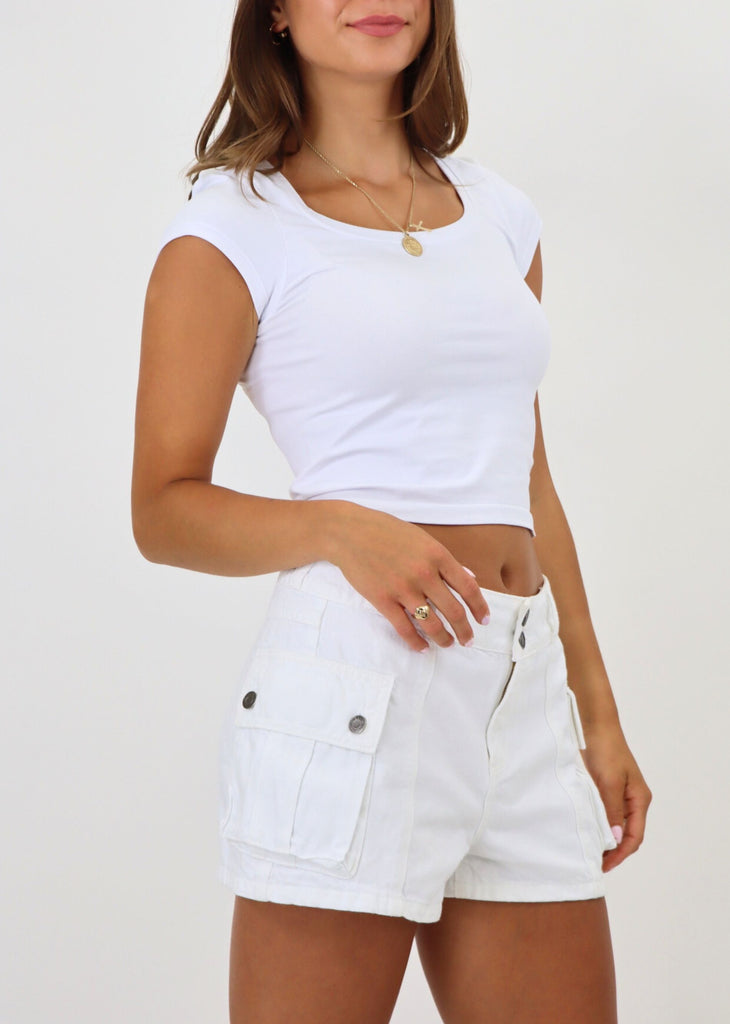 white jean shorts with cargo pockets button detailing low rise 