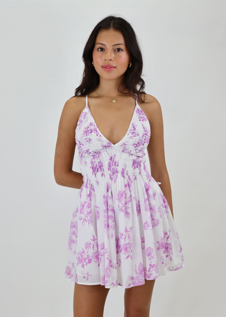 White lavender floral smocked summer mini dress flowy v-neck