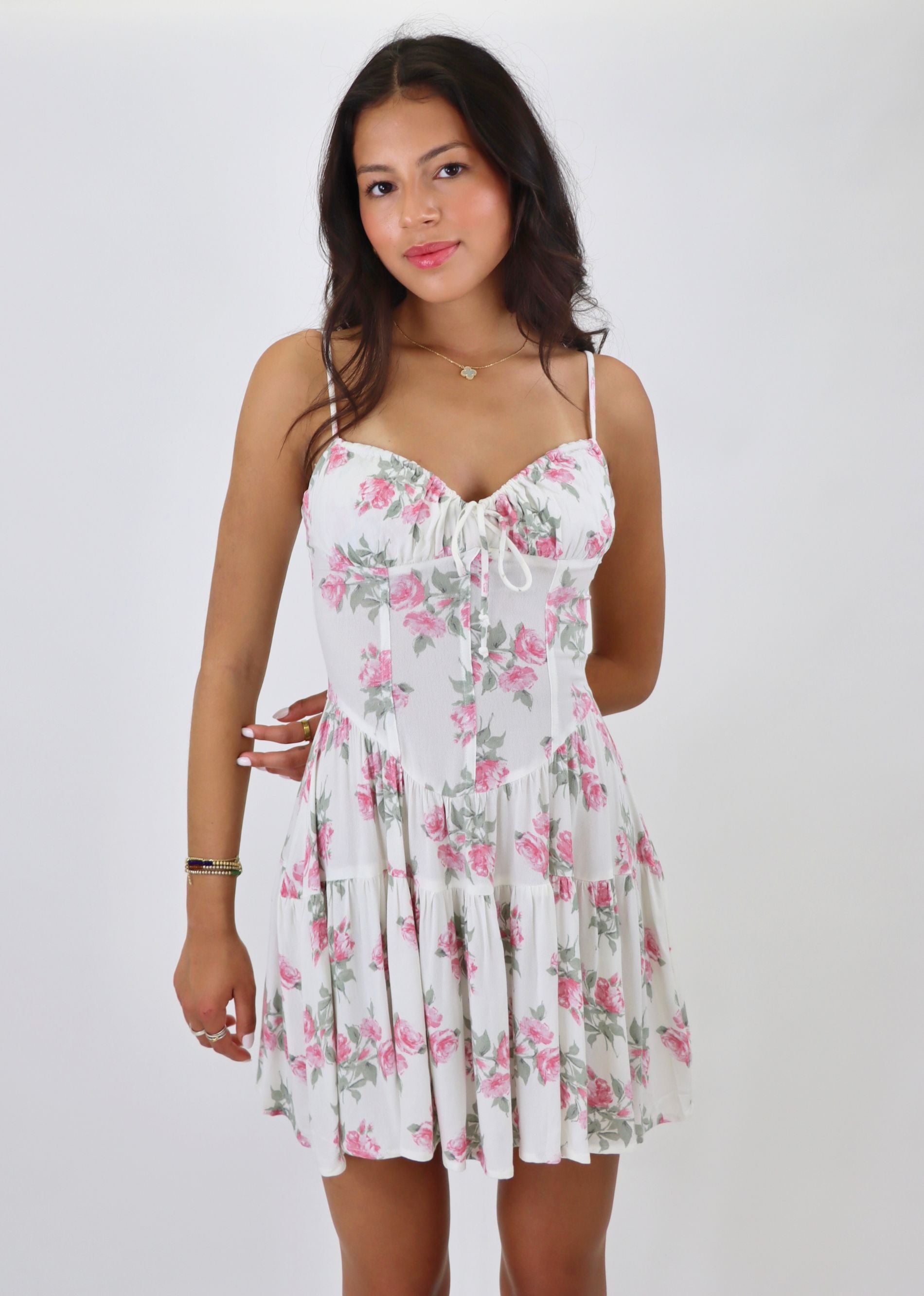 Painted Roses Mini Dress Ivory Floral Large Painted Roses Mini Dress Ivory Floral Large