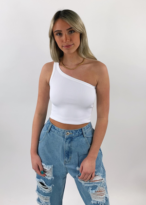 white stretchy comfy ribbed one shoulder tank