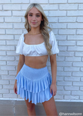 Sky Blue Light Blue Pastel Blue Fully Lined Two Tier Ruffled  Preppy Flowy Skirt with Smocked Waistband Stretchy and Built in Shorts Underneath - Rock N Rags