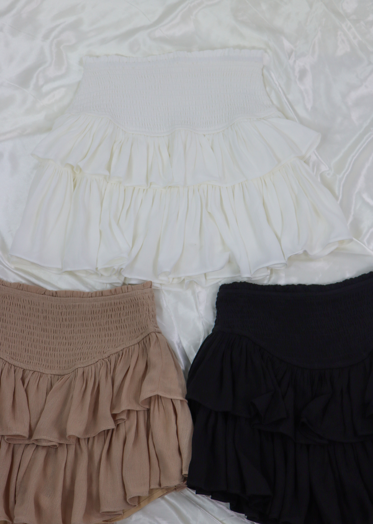 sunshine daydream skirt tiered ruffle smocked waistband skirt white, tan, black
