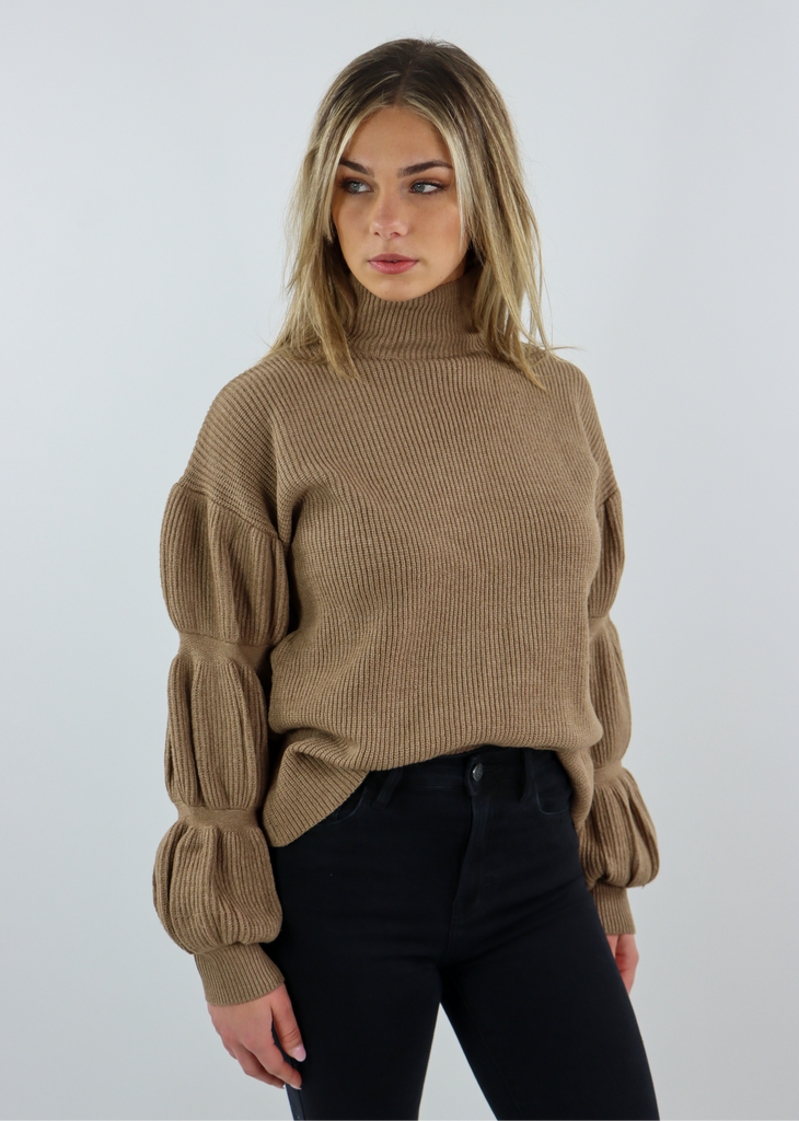 Brown Ribbed Knit Puff Sleeve Turtleneck Sweater Won't Stop Sweater - Rock N Rags