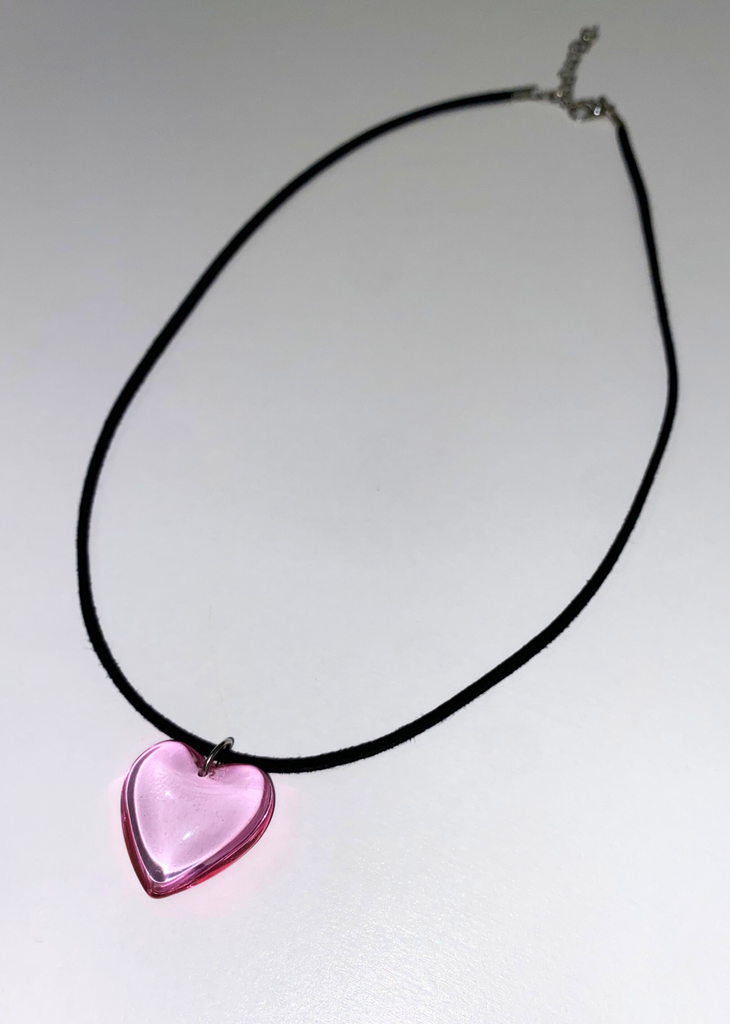 pink crystal heart pendant necklace stainless steel clasp felt chain with claw closure and extender edgy women's fashion jewelry