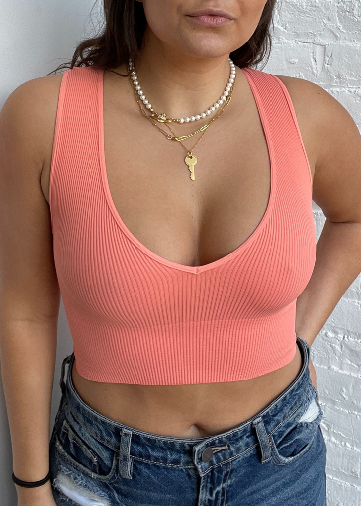coral pink ribbed stretchy comfy cozy cropped v neck tank top 