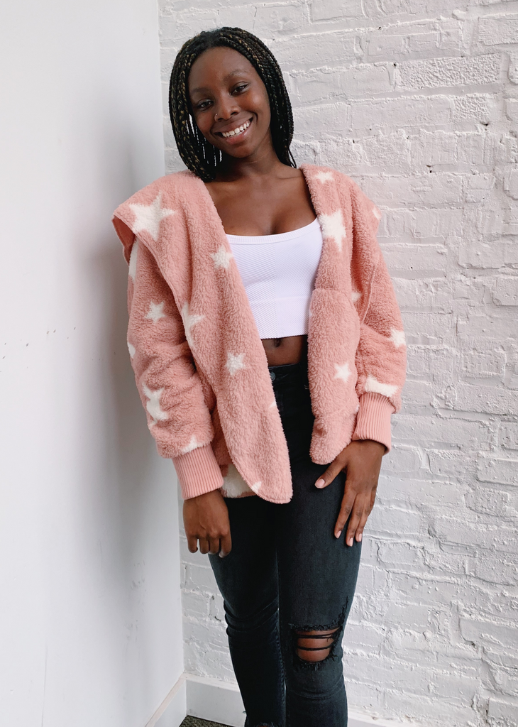 Peach Light Pink Fuzzy Oversized Cardigan Jacket With White Stars - Rock N Rags