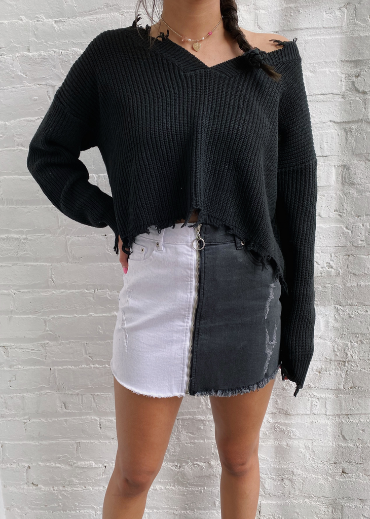 2 tone Black and White Denim Skirt with Two Pockets on the Front and Two Pockets on the Back, Zipper Closure, and Distressing