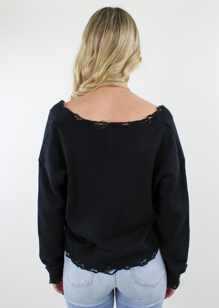 black, distressed, v-neck, long sleeve, sweater, comfy, cropped, everyday, light weight, top-Rock N Rags