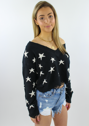 Black Distressed Hem and sleeved Knit Cropped Comfy Light Everyday Sweater with White Stars 