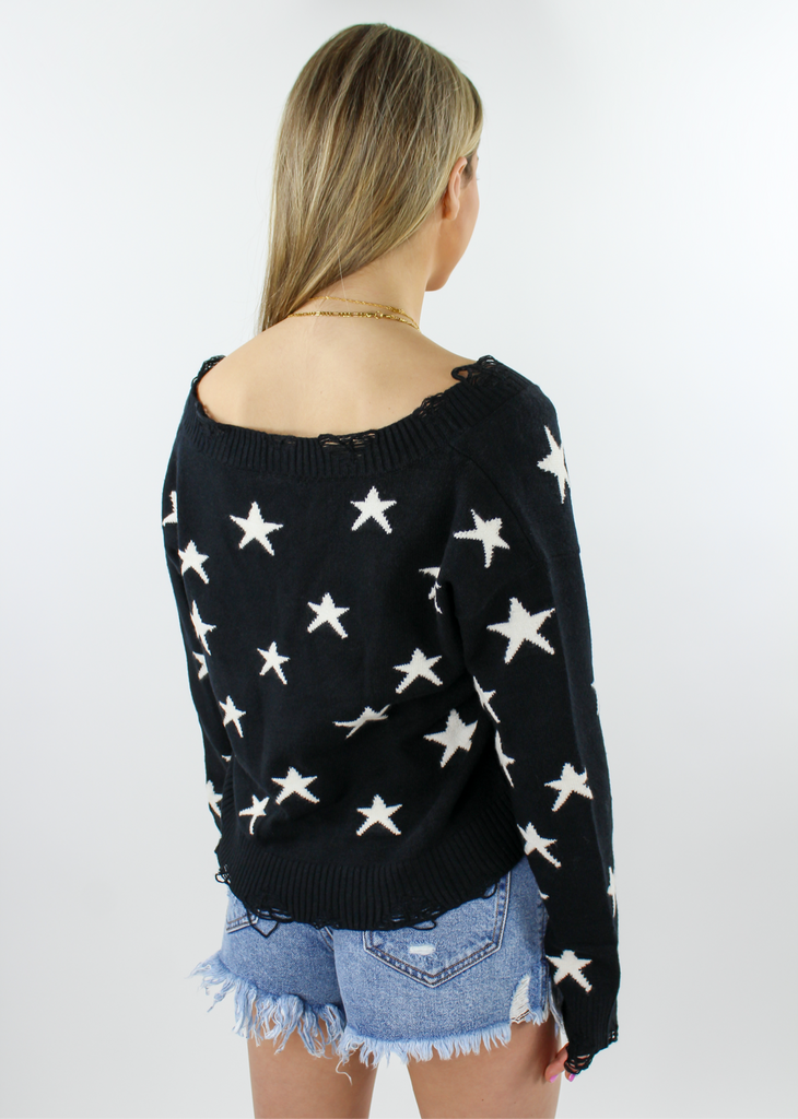 Black Distressed Hem and sleeved Knit Cropped Comfy Light Everyday Sweater with White Stars 