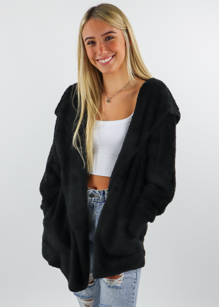 Black Oversized Fuzzy Cardigan Jacket Sherpa - Rock N Rags