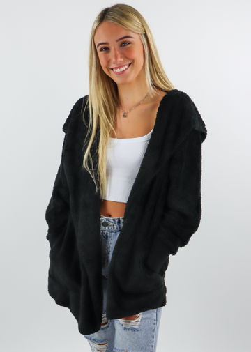 Black Oversized Fuzzy Cardigan Jacket Sherpa - Rock N Rags
