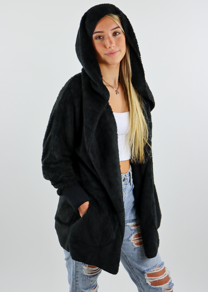 Black Oversized Fuzzy Cardigan Jacket Sherpa - Rock N Rags