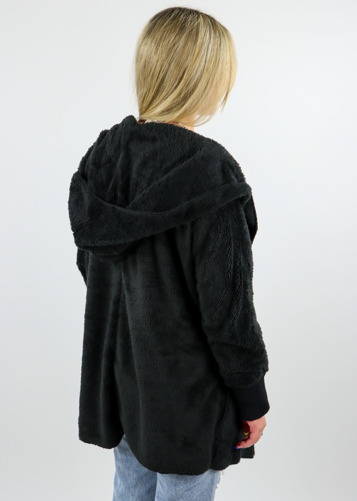 Black Oversized Fuzzy Cardigan Jacket Sherpa - Rock N Rags