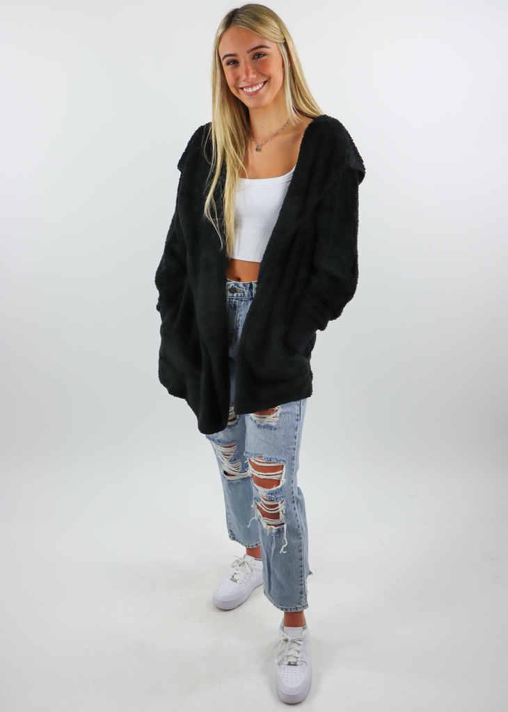 Black Oversized Fuzzy Cardigan Jacket Sherpa - Rock N Rags