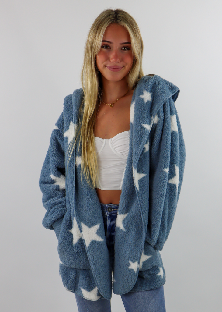 Dusty Vintage Blue Long Sleeve Soft Fuzzy Cardigan Jacket With White Stars And Hood - Rock N Rags
