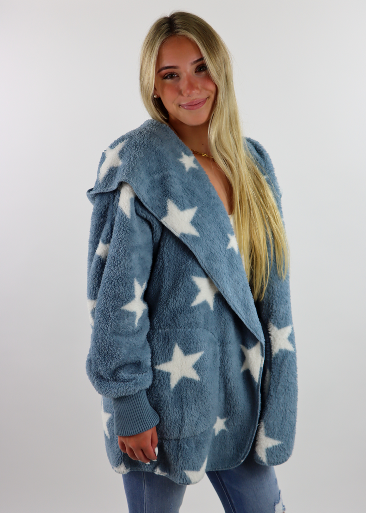 Dusty Vintage Blue Long Sleeve Soft Fuzzy Cardigan Jacket With White Stars And Hood - Rock N Rags