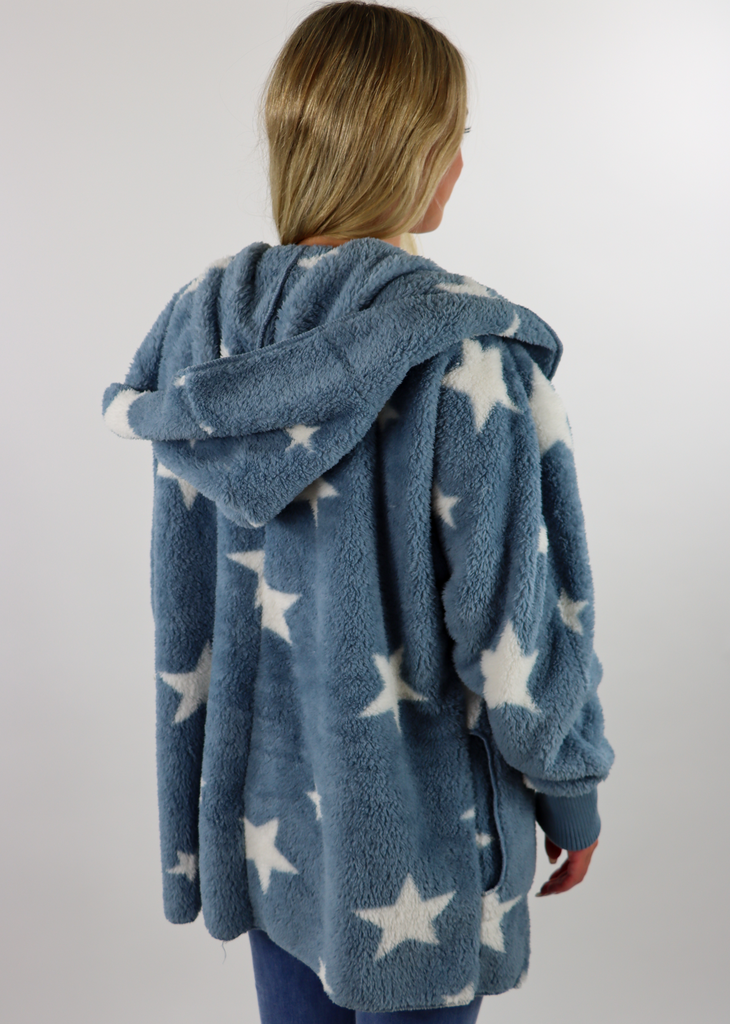 Dusty Vintage Blue Long Sleeve Soft Fuzzy Cardigan Jacket With White Stars And Hood - Rock N Rags