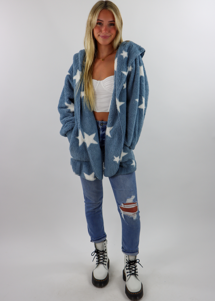Dusty Vintage Blue Long Sleeve Soft Fuzzy Cardigan Jacket With White Stars And Hood - Rock N Rags