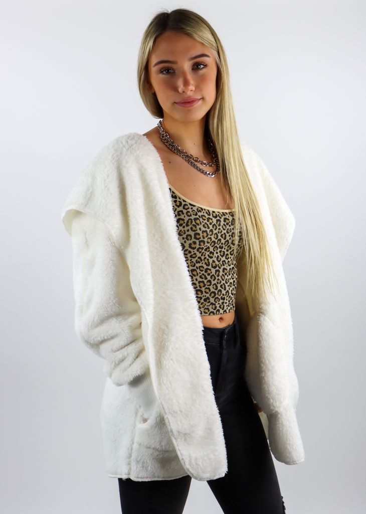 White Fuzzy Hooded Jacket Cardigan with Pockets and Fitted Knit Sleeves