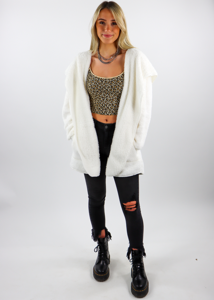 White Fuzzy Hooded Jacket Cardigan with Pockets and Fitted Knit Sleeves