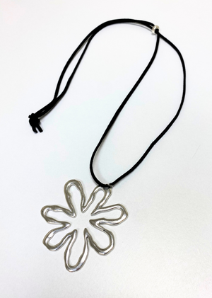 silver stainless steel flower pendant necklace adjustable black felt chain statement piece jewelry edgy women's fashion