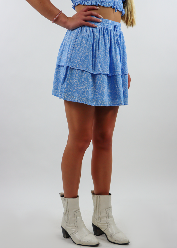 High Waisted Fitted Skirt with Elastic Adjustable Tie Waistband and Two Tiers of Ruffles