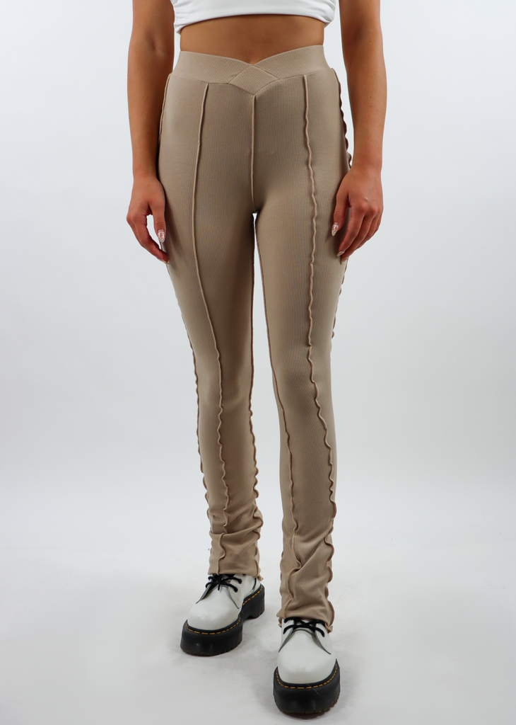 Tan Taupe Beige Exposed Seam Vcut Stomach Legging pant Tight Butt