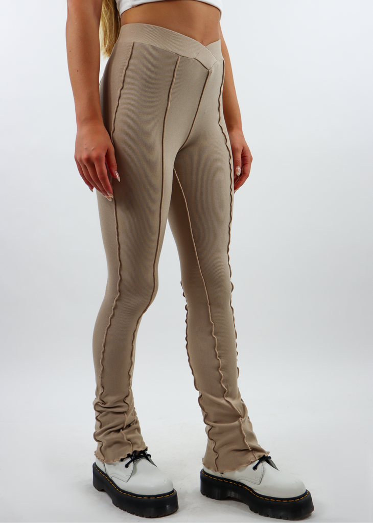 Tan Taupe Beige Exposed Seam Vcut Stomach Legging pant Tight Butt
