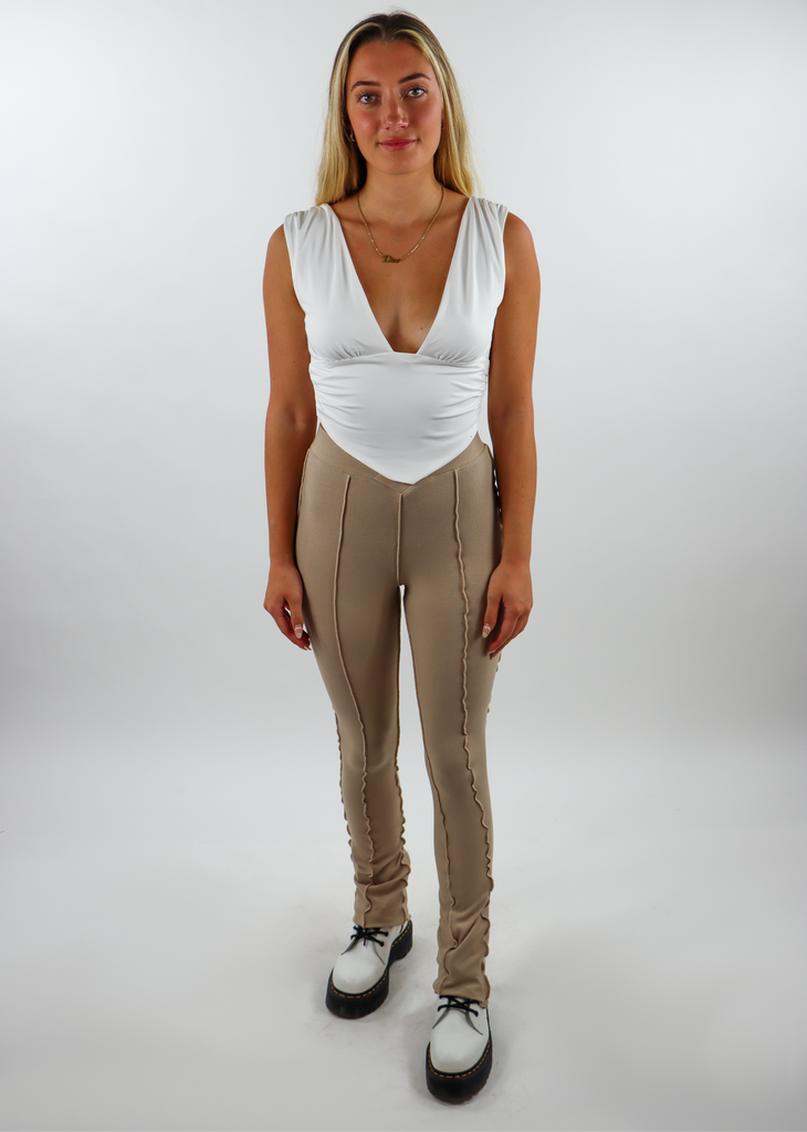 Tan Taupe Beige Exposed Seam Vcut Stomach Legging pant Tight Butt