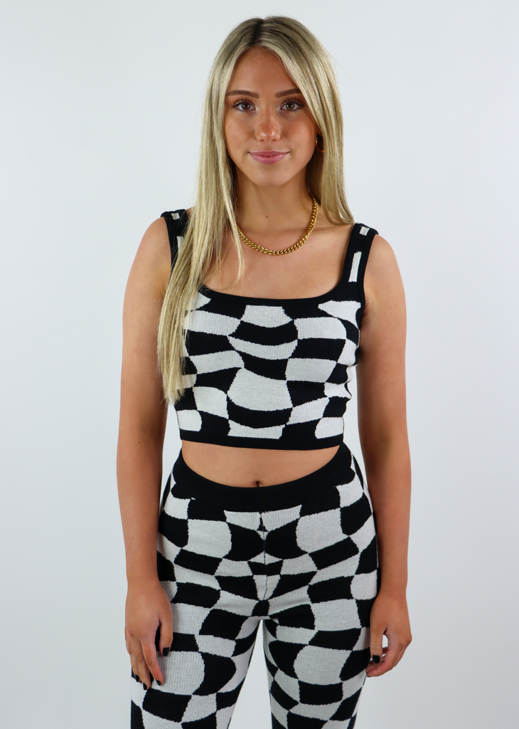 black and white funky checkered crop tank top matching set - Rock N Rags