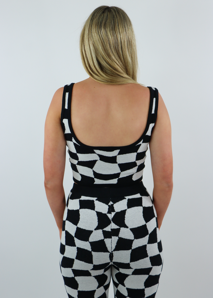 black and white funky checkered crop tank top matching set - Rock N Rags