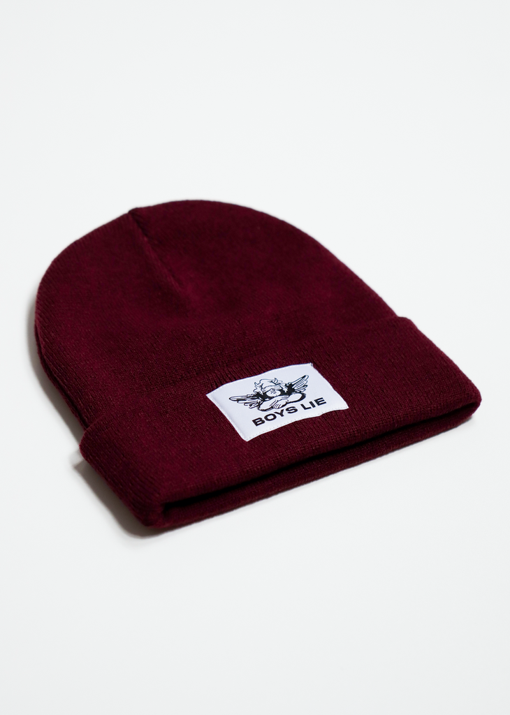 Boys Lie Burgundy Ribbed Beanie With Angel Graphic Patch On Front V2 Beanie - Rock N Rags