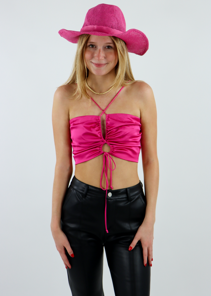 hot pink cami strap halter tie front cutout satin crop tank top - Rock N Rags