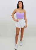 white mini skirt with built in shorts cinched waistband flowy trendy