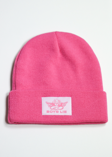 Boys Lie Hot Pink Ribbed Beanie With Angel Graphic Patch On Front V2 Beanie - Rock N Rags