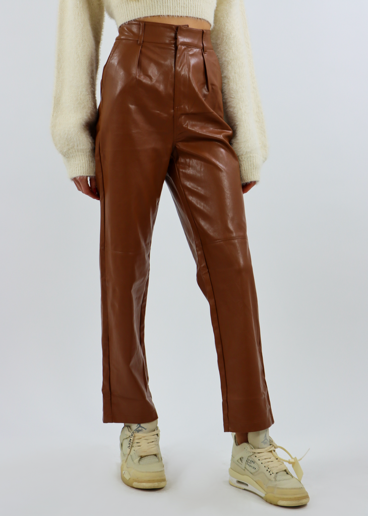 Brown Leather Pleated High Waisted Straight Leg Pants Windows Down Pants - Rock N Rags