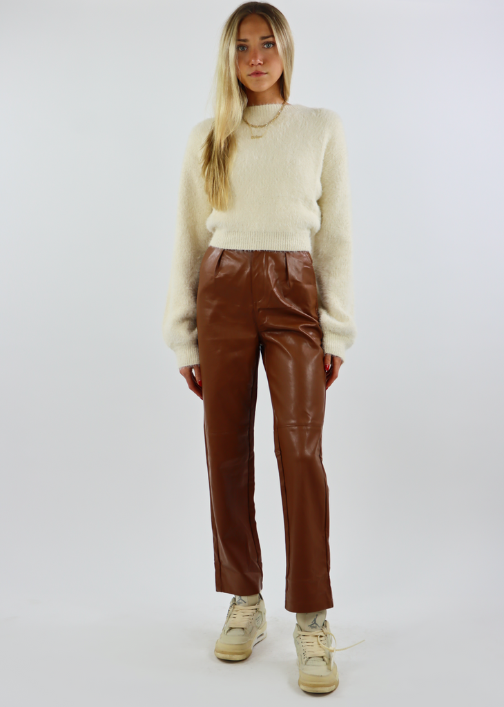 Brown Leather Pleated High Waisted Straight Leg Pants Windows Down Pants - Rock N Rags