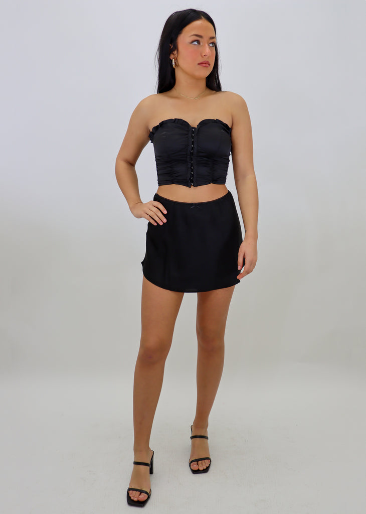 black silk eyelet lace mini skirt waistband trim going out skirt