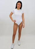 scoop neck bodysuit two button closure thong back white short sheer sleeves neutral basic going out business casual