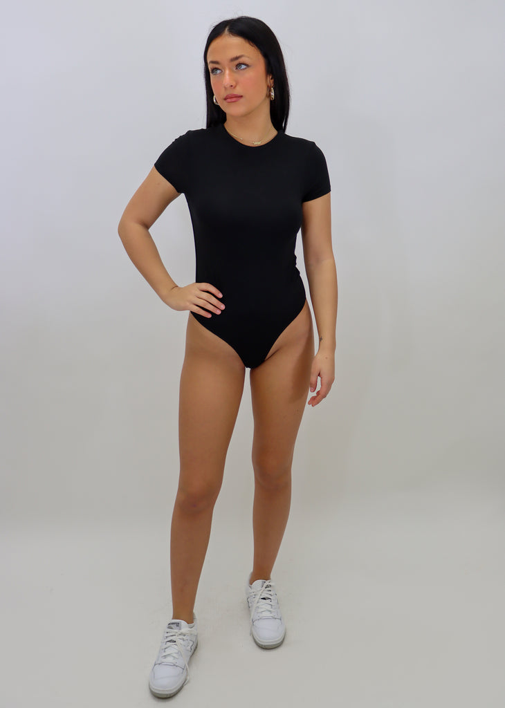 scoop neck bodysuit two button closure thong back black short sleeves neutral basic going out business casual