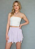 Mini Skirt, lavender, white flowers, floral, smocked waist, double layered, ruffled layers 