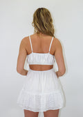 White cut out plunge neck bow detail elastic waist lined adjustable spaghetti straps eyelet detailing spring summer day out brunch women's clothing