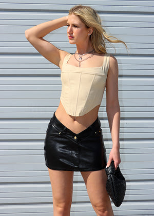 black leather v-shaped front waistband JGR & STONE micro mini skirt going out skirt gold hardware fully lined side and back pockets festival looks neutrals edgy women's clothing