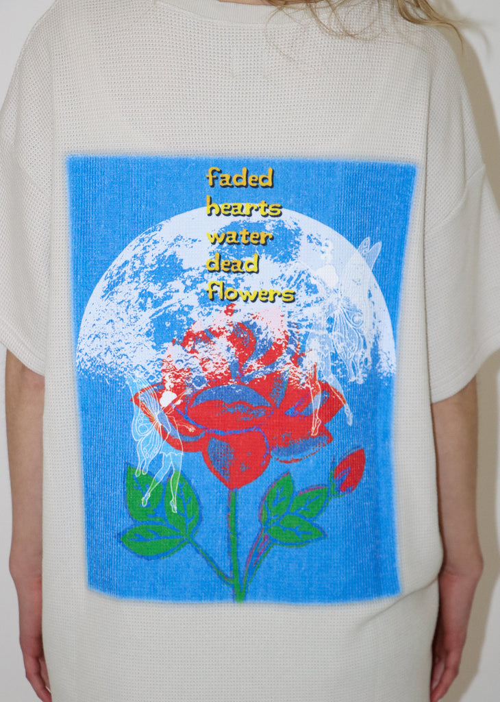 Cream Thermal Tee Shirt Oversized Faded hearts water dead flowers on the back with blue box and rose