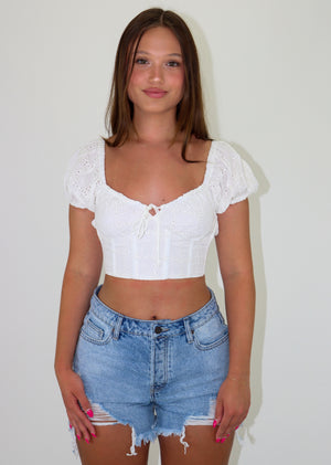 white eyelet lace embroidery puff sleeve tie front open back top short sleeve crop top bustier bust adjustable tie front open tie back festival look spring break outfit casual day out spring summer feminine women's clothing