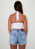 white eyelet lace embroidery smocked waist lined bust halter necklace top tank top crop top festival look spring break spring summer women's clothing
